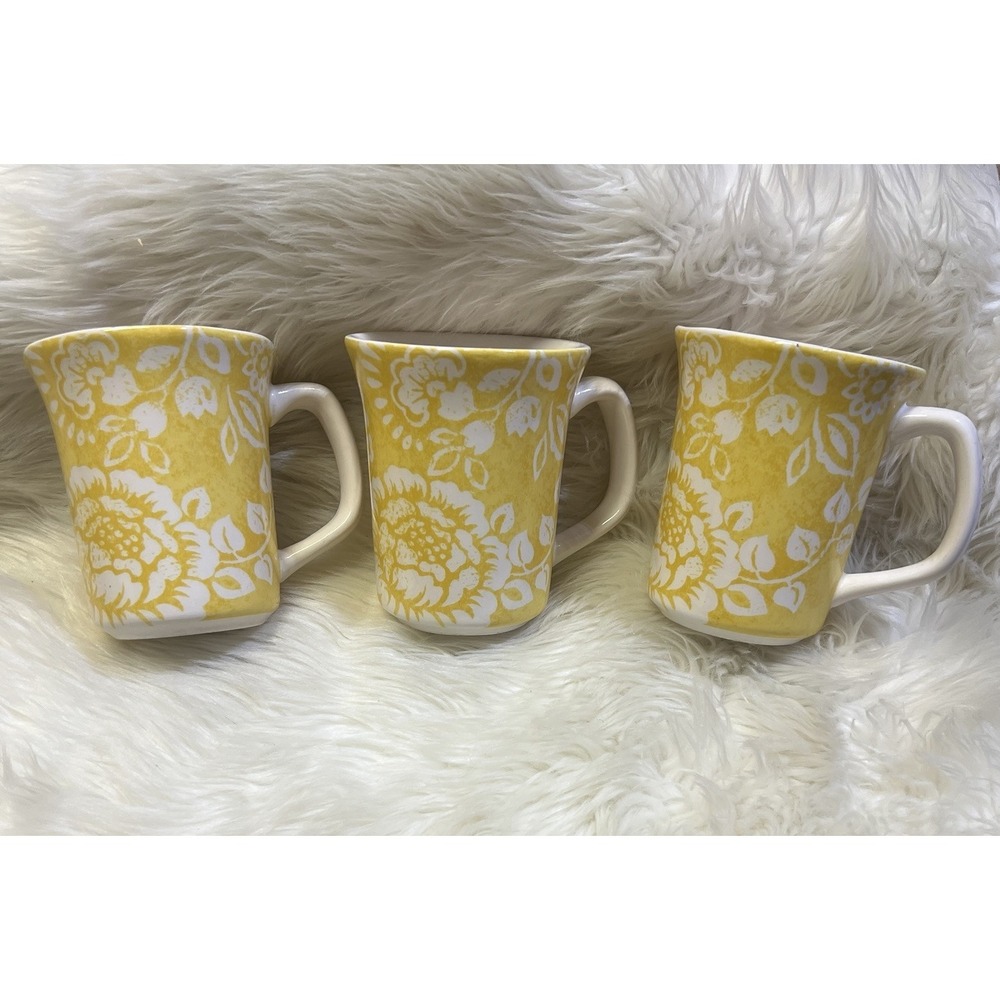 Pier 1 Imports Chloe Stoneware Bright Yellow Floral Mugs Cups set Of 3